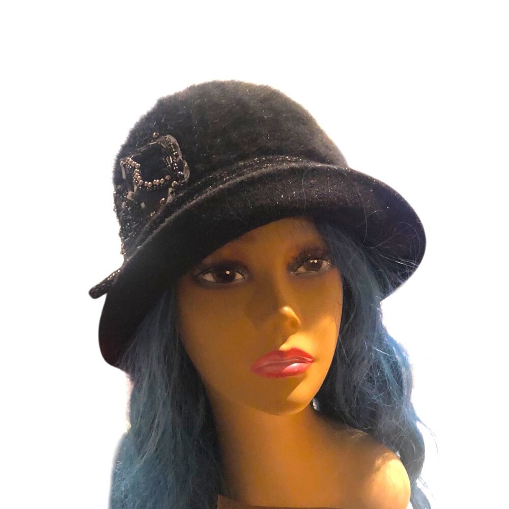 Vintage Art Deco Glamour Beaded Applique Brushed Textured Black Cloche Hat